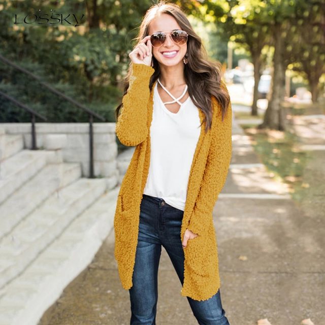 Lossky Women Autumn Winter Knitted Long Sweater Long Sleeve Yellow Cardigans Female Outwear Loose Coats Ladies Clothing Knitwear