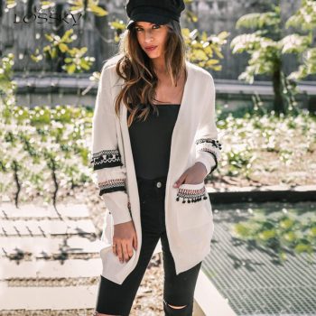 Lossky Women's Long Cardigan Sweater Coats Stitching Long Sleeve Autumn Spring Warm Ladies Sweaters Loose White Black Soft Coats