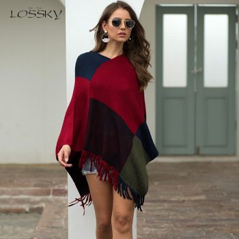 Lossky Sweater Top 2019 Autumn Women Irregularly Loose Knitted V Neck Pullovers Tassel Long Cloak Ladies Pink Clothes Vintage