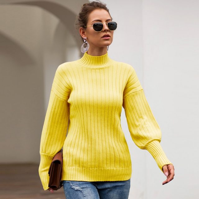 Lossky Tops Woman Long Sleeve Autumn Winter Sweaters Knitting Turtleneck Slim Pullovers Yellow Fashion Clothing 2019 Ladies Wear