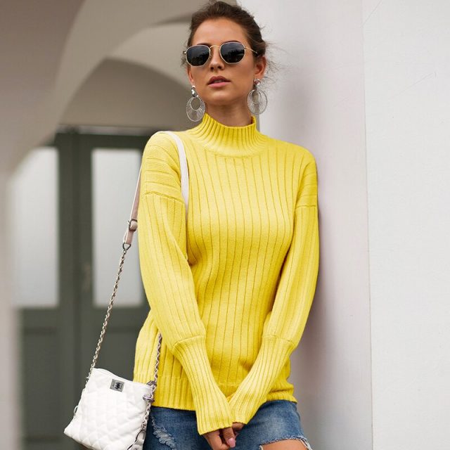 Lossky Tops Woman Long Sleeve Autumn Winter Sweaters Knitting Turtleneck Slim Pullovers Yellow Fashion Clothing 2019 Ladies Wear