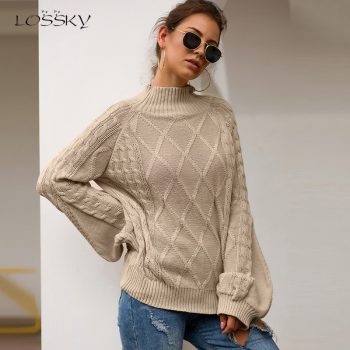 Lossky Women Autumn Winter Warm Knitted Half Turtleneck Sweaters Long Sleeve Pullovers Ladies Loose Yellow Tops Clothing 2019