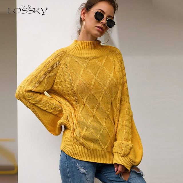 Lossky Women Autumn Winter Warm Knitted Half Turtleneck Sweaters Long Sleeve Pullovers Ladies Loose Yellow Tops Clothing 2019