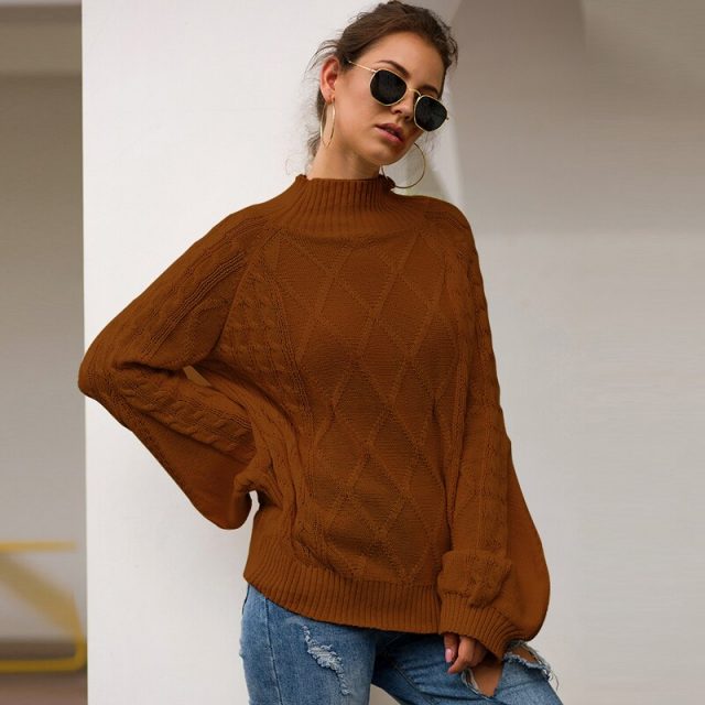 Lossky Women Autumn Winter Warm Knitted Half Turtleneck Sweaters Long Sleeve Pullovers Ladies Loose Yellow Tops Clothing 2019