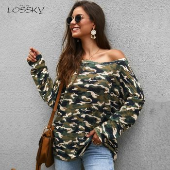 Lossky Knitted Sweater Women Autumn Long Sleeve Fashion Pink Camouflage Print Ladies Pullovers Tops Loose Clothing Knitwear 2019