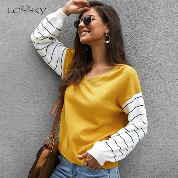 Lossky Women Striped Patchwork Pullover Sweater Female V-neck Fashion Autumn Winter Long Sleeve Clothing Yellow Ladies Top 2019