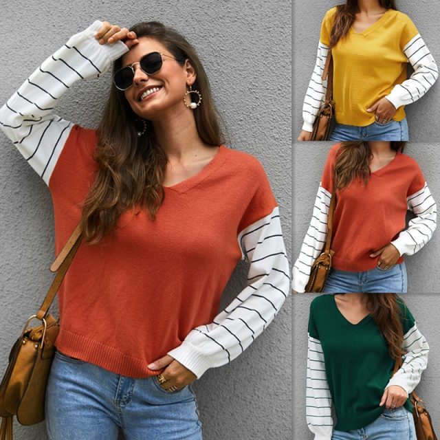 Lossky Women Striped Patchwork Pullover Sweater Female V-neck Fashion Autumn Winter Long Sleeve Clothing Yellow Ladies Top 2019