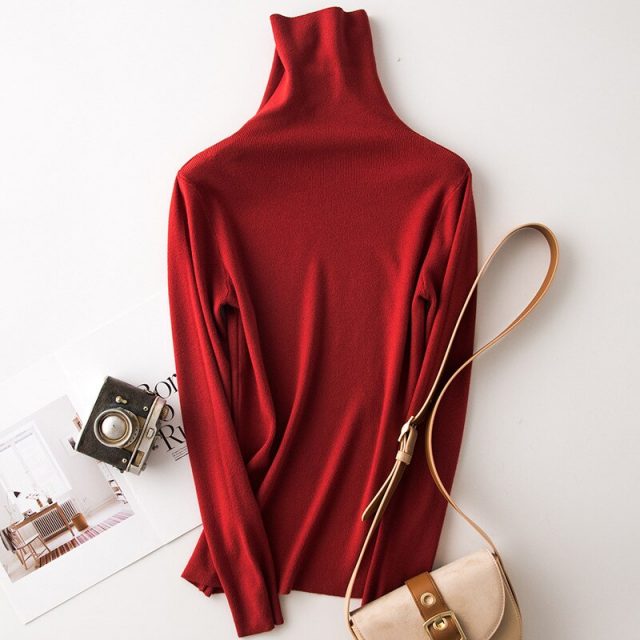 Lossky Korean Women Knitted Sweater Long Sleeve Autumn Winter Tops Pullover Female Turtleneck Red Warm Bottoming Ladies Clothing