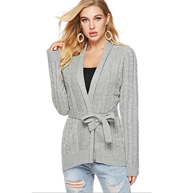 Lossky Cardigan Sweaters Women Knitted Long Sleeve Autumn Winter Warm Sweater Coats New Lace-up Slim Ladies Gray Simple Clothing