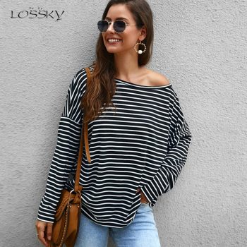 Lossky Sweaters Women Long Sleeve Black Striped Knitting Pullovers Top Autumn Casual Ladies Clothing Loose Leisure Knitwear 2019