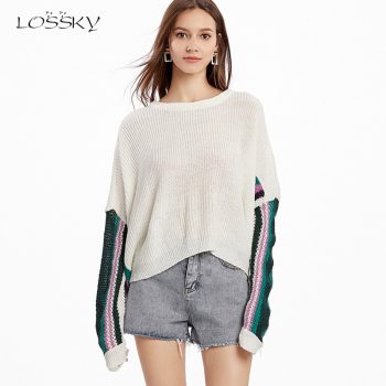 Lossky Women Sweaters Long Sleeve Stitching Color Auntumn Spring Casual Sweaters Loose White Red Wild Slim Pullover Tops Female