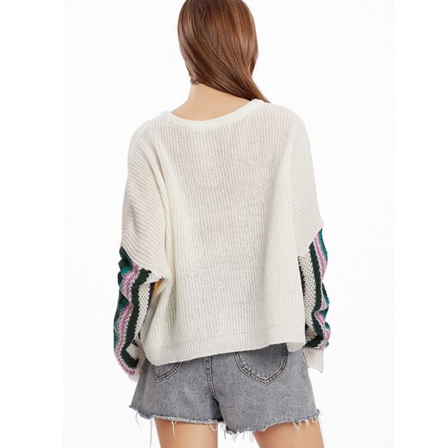 Lossky Women Sweaters Long Sleeve Stitching Color Auntumn Spring Casual Sweaters Loose White Red Wild Slim Pullover Tops Female