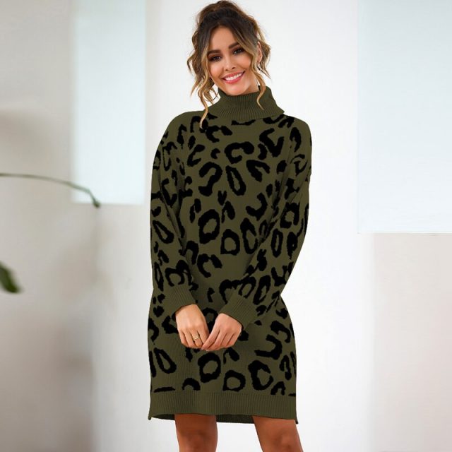 Lossky Sweaters Women Leopard Print Long Warm Knitted Turtleneck Pullovers 2019 Autumn Winter Ladies Tunic Clothing High Quality