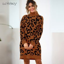 Lossky Sweaters Women Leopard Print Long Warm Knitted Turtleneck Pullovers 2019 Autumn Winter Ladies Tunic Clothing High Quality