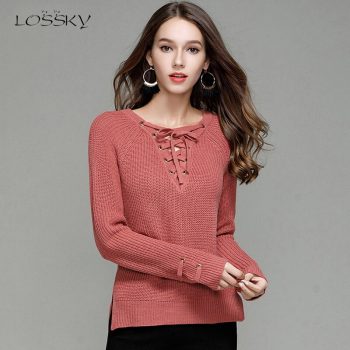 Lossky Sweater V-neck With Cross Bandage Women Long Sleeve Thick Pullovers FemaleAutumn Winter Casual Clothing Ladies Top 2019