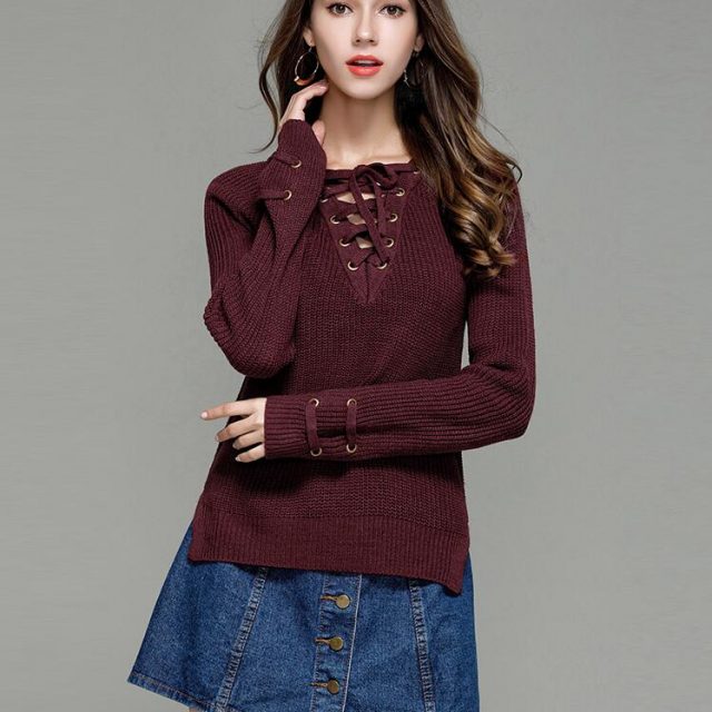 Lossky Sweater V-neck With Cross Bandage Women Long Sleeve Thick Pullovers FemaleAutumn Winter Casual Clothing Ladies Top 2019