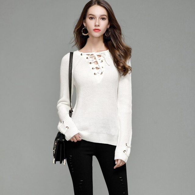 Lossky Sweater V-neck With Cross Bandage Women Long Sleeve Thick Pullovers FemaleAutumn Winter Casual Clothing Ladies Top 2019