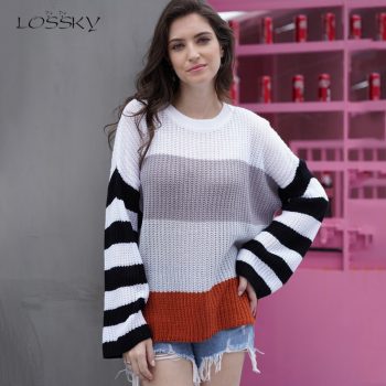 Lossky Sweater Women Long Sleeve 2019 Autumn Winter Tops Striped Patchwork Ladies Loose Knitting Pullovers Leisure Clothing 2019