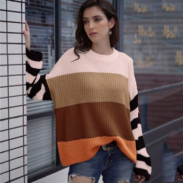 Lossky Sweater Women Long Sleeve 2019 Autumn Winter Tops Striped Patchwork Ladies Loose Knitting Pullovers Leisure Clothing 2019