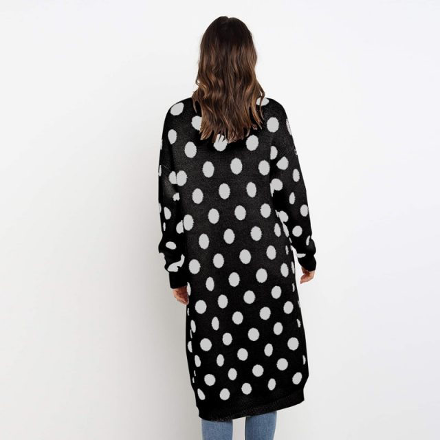 Lossky Women Long Knitted Cardigan Sweater Polka Dot Printed Autumn Winter Long Sleeve Coats With Pocket Female Clothing Outwear