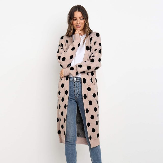 Lossky Women Long Knitted Cardigan Sweater Polka Dot Printed Autumn Winter Long Sleeve Coats With Pocket Female Clothing Outwear