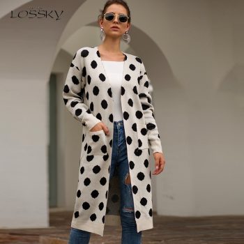 Lossky Women Long Knitted Cardigan Sweater Polka Dot Printed Autumn Winter Long Sleeve Coats With Pocket Female Clothing Outwear