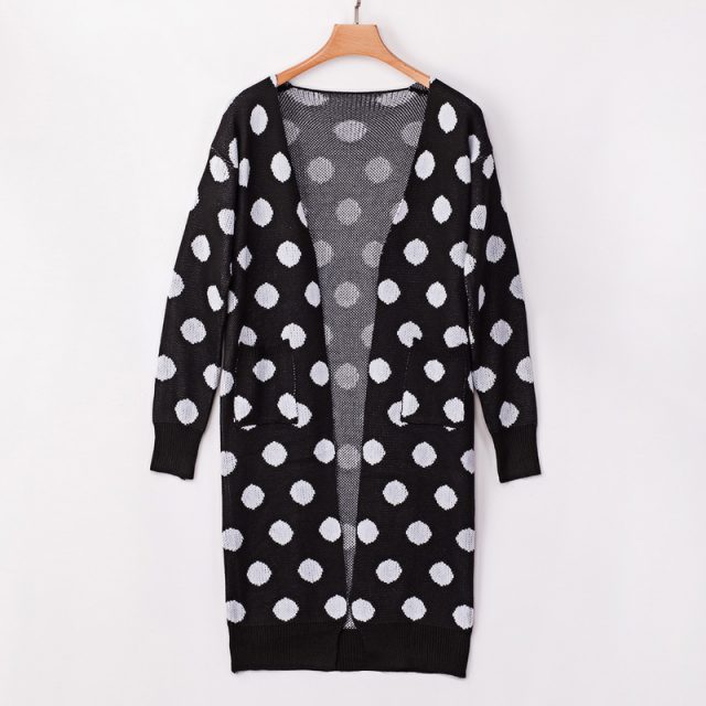 Lossky Women Long Knitted Cardigan Sweater Polka Dot Printed Autumn Winter Long Sleeve Coats With Pocket Female Clothing Outwear