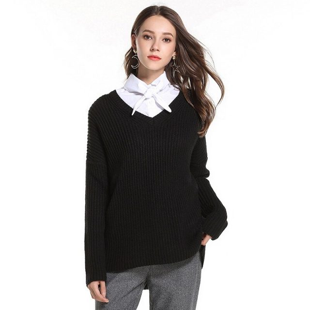 Lossky Knitted Sweater Women V Neck Long Sleeve Pullover Top New Autumn Winter Loose Pink Black Warm Clothing Female Simple 2019