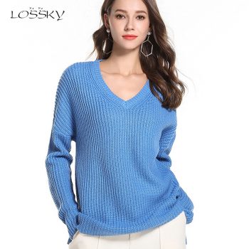 Lossky Knitted Sweater Women V Neck Long Sleeve Pullover Top New Autumn Winter Loose Pink Black Warm Clothing Female Simple 2019