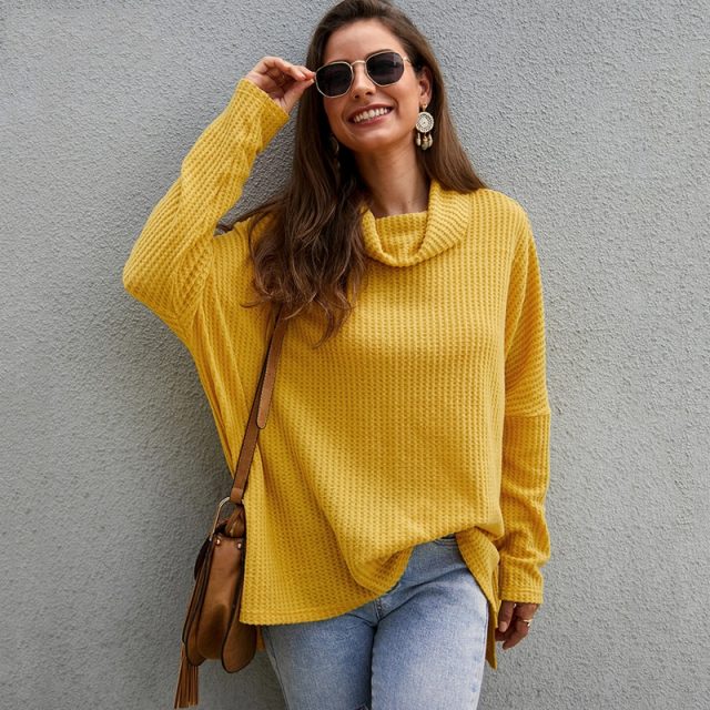 Lossky Knit Sweater Women Long Sleeve Pullover Sweater Fashion Loose Tops Female Yellow Turtleneck Ladies Autumn Winter Clothing