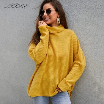 Lossky Knit Sweater Women Long Sleeve Pullover Sweater Fashion Loose Tops Female Yellow Turtleneck Ladies Autumn Winter Clothing