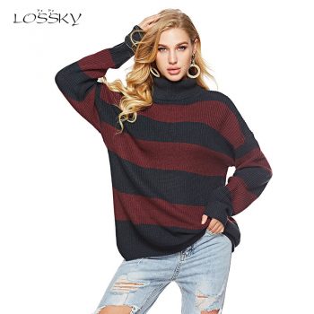 Lossky Sweater Tops Women Striped Printed Turtleneck Stitching Autumn Sweater Long Sleeve Black Grey Loose Sweaters Streetwear