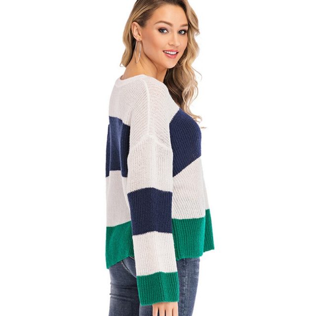 Long Sleeve Auntumn Spring Casual Stitching Large Size Elegant Lady Yellow Pullover Sweater