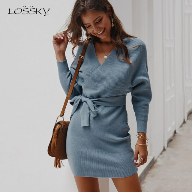 Lossky Sweater Women Long Sleeve Winter Long Knitwear Dresses Sexy V-neck Ladies Warm Pullover Casual Solid Clothing Fall 2019