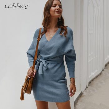 Lossky Sweater Women Long Sleeve Winter Long Knitwear Dresses Sexy V-neck Ladies Warm Pullover Casual Solid Clothing Fall 2019