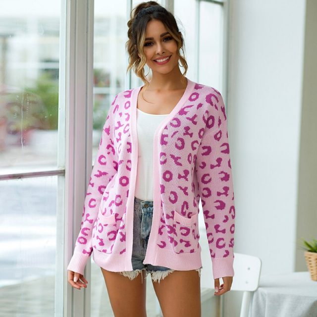 Lossky Warm Knitted Sweater Tunic Women Leopard Cardigan Coats Long Sleeve 2019 Autumn Winter Loose Ladies Pink Clothing Leisure