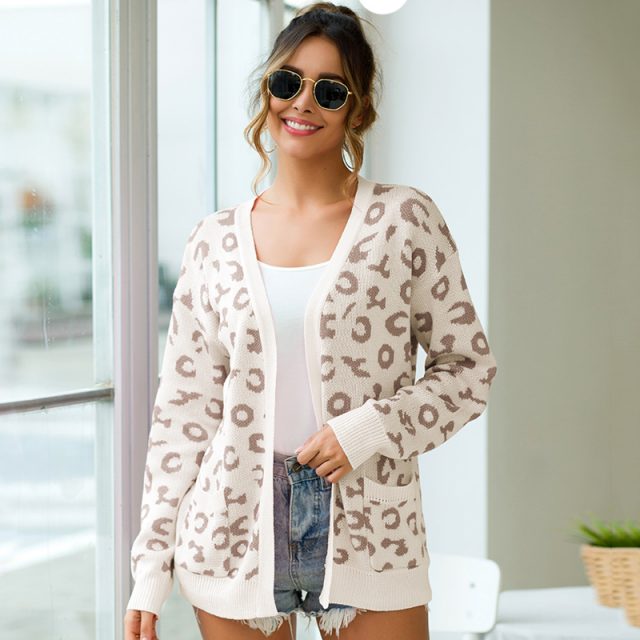 Lossky Warm Knitted Sweater Tunic Women Leopard Cardigan Coats Long Sleeve 2019 Autumn Winter Loose Ladies Pink Clothing Leisure