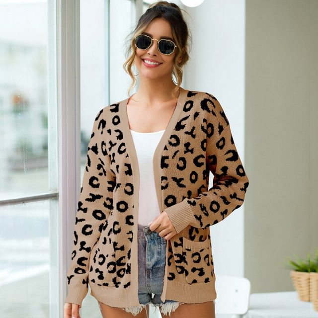 Lossky Warm Knitted Sweater Tunic Women Leopard Cardigan Coats Long Sleeve 2019 Autumn Winter Loose Ladies Pink Clothing Leisure