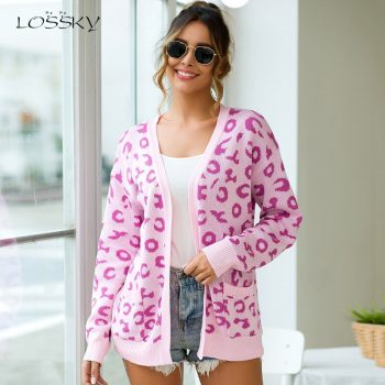 Lossky Warm Knitted Sweater Tunic Women Leopard Cardigan Coats Long Sleeve 2019 Autumn Winter Loose Ladies Pink Clothing Leisure