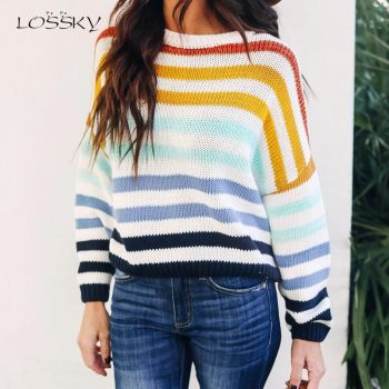 Lossky Women Sweaters Fashion Rainbow Striped Long Sleeve Pullovers Ladies Autumn Winter Knitted Top 2019 Loose Leisure Clothing