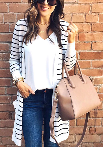 Striped Sweaters Top Casual Long Sleeve Loose Cardigan Sweater Best in Autumn Spring