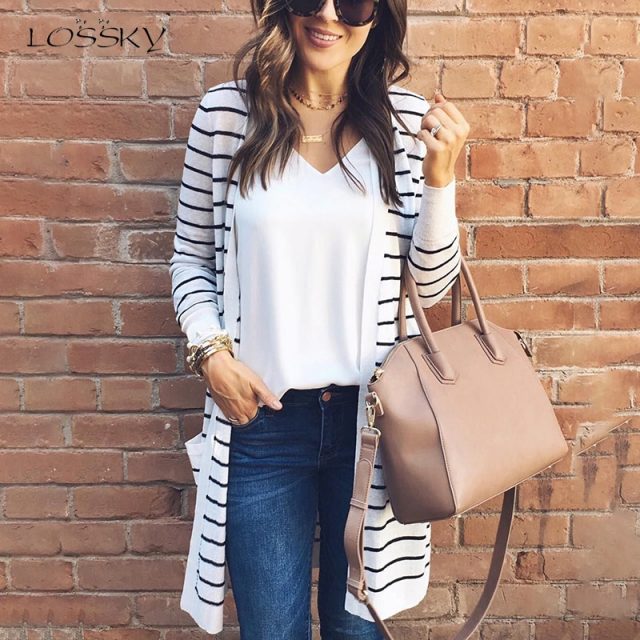 Striped Sweaters Top Casual Long Sleeve Loose Cardigan Sweater Best in Autumn Spring