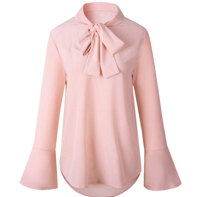 Lossky Women Autumn Long Sleeve Chiffon Blouse Bow Irregular Solid Ruffle Fashion Blouses New 2019 Casual Black Pink Tops Shirts