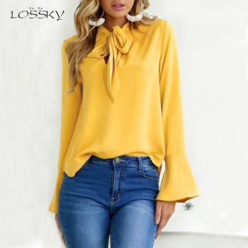 Lossky Women Autumn Long Sleeve Chiffon Blouse Bow Irregular Solid Ruffle Fashion Blouses New 2019 Casual Black Pink Tops Shirts