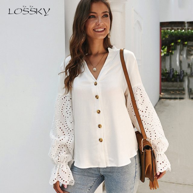 Lossky Women Shirts Autumn Spring Tops Elegant Long Sleeve V-neck Casual White Blouses Fashion Hollow Out Ladies Loose Clothing