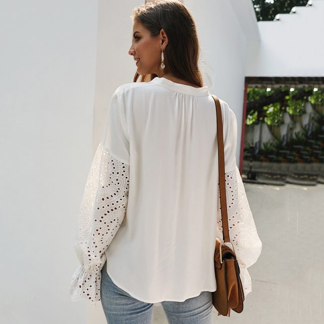 Lossky Women Shirts Autumn Spring Tops Elegant Long Sleeve V-neck Casual White Blouses Fashion Hollow Out Ladies Loose Clothing