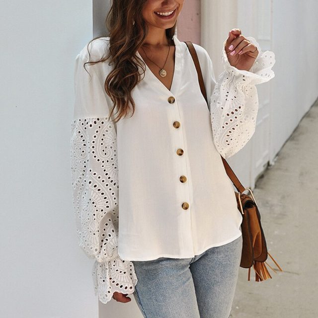 Lossky Women Shirts Autumn Spring Tops Elegant Long Sleeve V-neck Casual White Blouses Fashion Hollow Out Ladies Loose Clothing