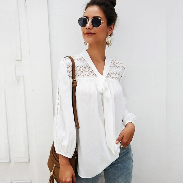 Lossky Shirt Women Chiffon Long Sleeve Hollow Out V Neck With Bow White Tunics Tops Female Office Lady Clothing Blouse Work Wear