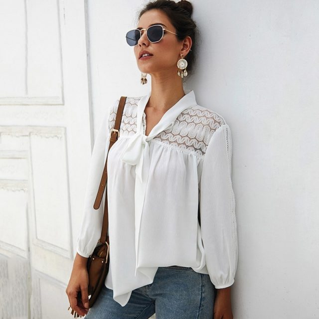 Lossky Shirt Women Chiffon Long Sleeve Hollow Out V Neck With Bow White Tunics Tops Female Office Lady Clothing Blouse Work Wear