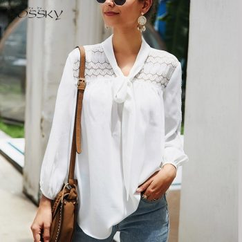 Lossky Shirt Women Chiffon Long Sleeve Hollow Out V Neck With Bow White Tunics Tops Female Office Lady Clothing Blouse Work Wear